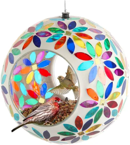 Lily's Home Comedero colgante de vidrio de mosaico de 5.5 pulgadas para pájaros al aire libre con paso de vuelo para jardín exterior, excelente