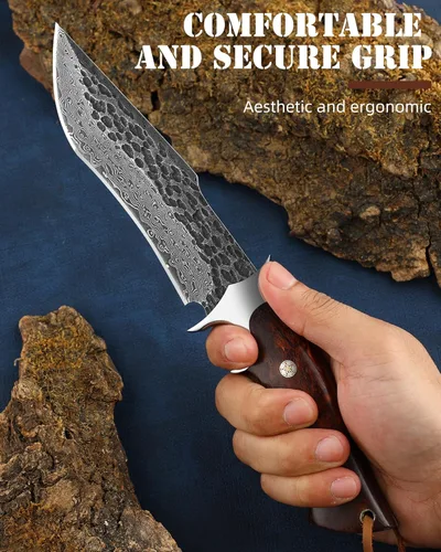 Miniatura 3 de Omeiso - Cuchillo de caza de acero de Damasco con funda de piel, 10.04'' de hoja completa Tang EDC, cuchillo de Damasco de acero para camping