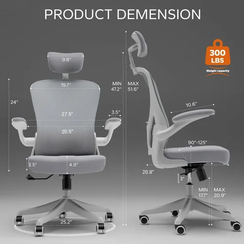 Miniatura 2 de Silla de Oficina Ergonómica con Soporte Lumbar Ajustable y Reposabrazos Abatibles - Silla de Escritorio de Computadora de Respaldo Alto con Cojín