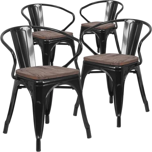 Miniatura 8 de Flash Furniture Silla de metal negro con asiento y brazos de madera