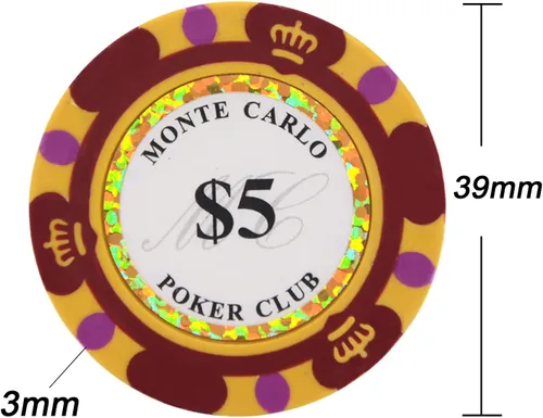 Miniatura 3 de Fichas de Poker Clay Monte Carlo de 0.49 oz - Paquete de 50 fichas Amarillo ($1000 Yellow)