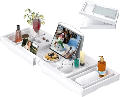 Miniatura 12 de Bandeja de bañera de madera de acacia, bandeja de baño plegable para bañera, bandejas de mesa de baño expandibles, accesorios de bañera y baño