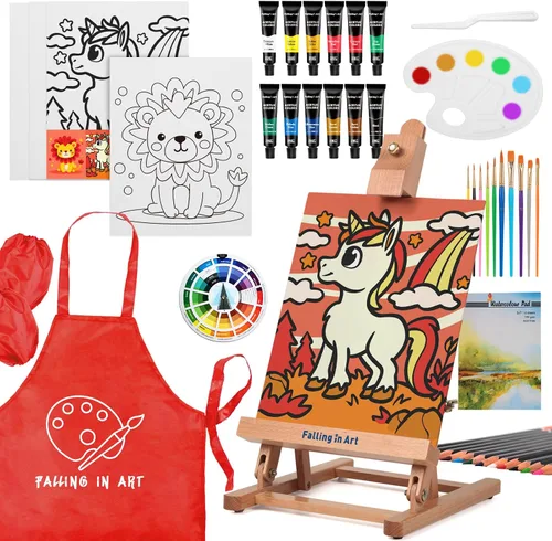 Miniatura 10 de Falling in Art Juego de pintura para niños con caballete de mesa, kit de inicio de pintura acrílica con bata de arte, pinturas acrílicas, lápices