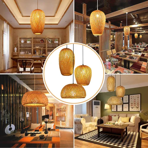 Miniatura 7 de GWY Lámpara colgante de farol de bambú, estilo japonés retro E27, lámpara colgante de techo para sala de estar, dormitorio, restaurante, cafetería