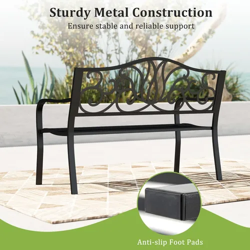 Miniatura 8 de Tangkula Banco de jardín de 50 pulgadas para exteriores, sofá biplaza de metal de hierro fundido con respaldo de diseño floral y asiento