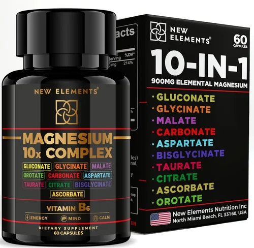 Complejo de magnesio 10X – 900 mg de magnesio elemental | Glicinato, gluconato, malato, orrotato, carbonato, asparato, taurato, citrato,