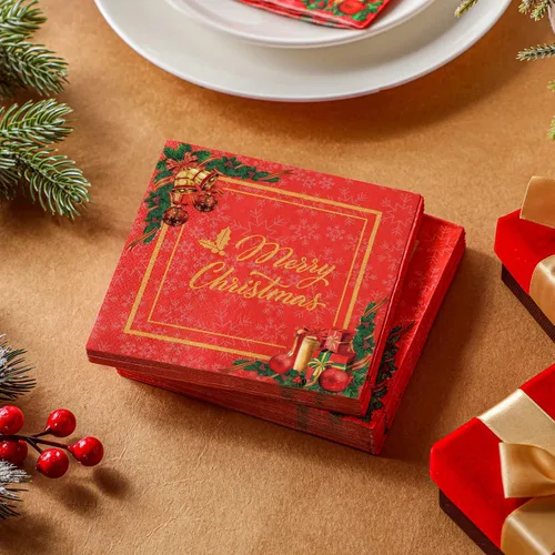 Miniatura 4 de 200 servilletas de papel de cóctel de Navidad, color rojo y dorado, desechables, servilletas de papel para bebidas navideñas para fiestas de postres