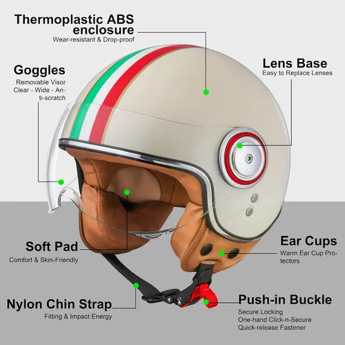 Miniatura 2 de Casco de motocicleta de cara abierta para adultos, casco de cara media para motoneta para hombres, casco retro 3/4 Vespa, casco de motocicleta