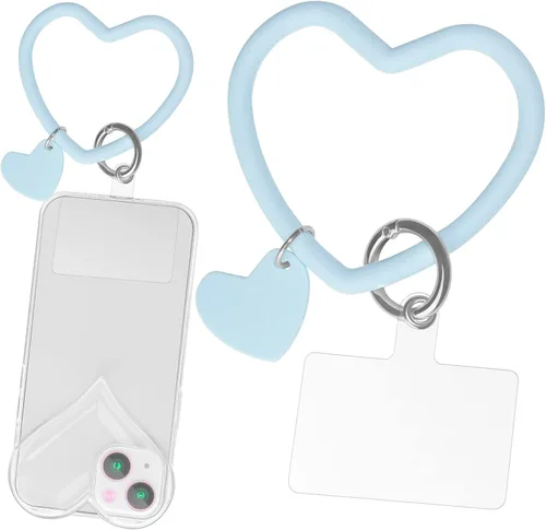 Miniatura 13 de Correa de silicona en forma de corazón para teléfono, correa de muñeca para teléfono celular con soporte para llavero, universal compatible con Negro