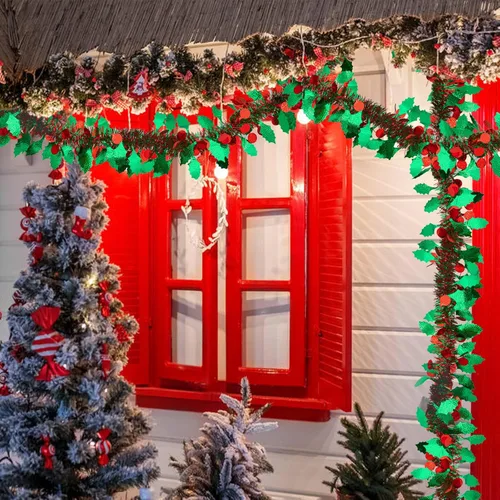 Miniatura 6 de Guirnalda de Oropel de Navidad de 33 Pies, Guirnalda de Oropel Metálico Trenzado Rojo Verde con Ornamentos de Bayas y Hojas, Decoración Colgante