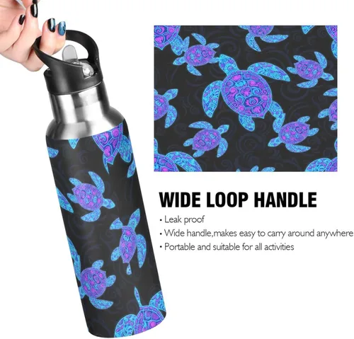 Miniatura 4 de Insulated Water Bottle 20 Oz, Leakproof Water Bottles for Gym Outdoor Travel School, Neon Sea Turtles Black