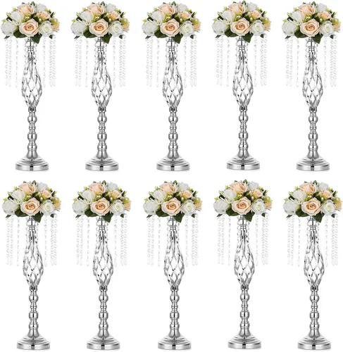 Miniatura 12 de Sziqiqi - Centro de mesa elevado floral dorado para mesa de boda de 21.7 pulgadas de altura con centros de mesa de flores de cristal y cuentas