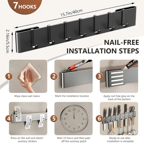 Miniatura 2 de Colgador de utensilios de cocina: soporte para colgar en pared, 7 ganchos, sin taladrar para cocina, despensa, baño, sala de estar de 15.75 pulgadas