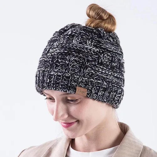 Miniatura 2 de Alepo Womens High Messy Bun Beanie Hat with Ponytail Hole, Winter Warm Trendy Knit Ski Skull Cap