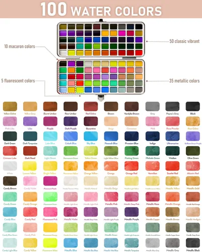 Miniatura 3 de Nicpro Juego de pintura de acuarela de 100 colores, macarrón metálico y fluorescente, 8 pinceles sintéticos de ardilla, 25 papel de acuarela