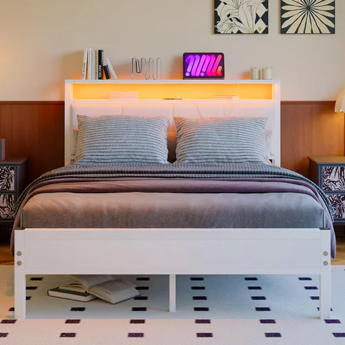 Miniatura 10 de Base de cama de tamaño matrimonial con luces LED, cabecera tapizada con estantes de almacenamiento y estación de carga, base de colchón LED