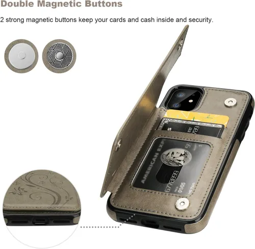Miniatura 6 de Vaburs Funda compatible con iPhone 11 con tarjetero y diseño de mariposa en relieve, piel sintética de alta calidad, doble botones magnéticos, a Gris