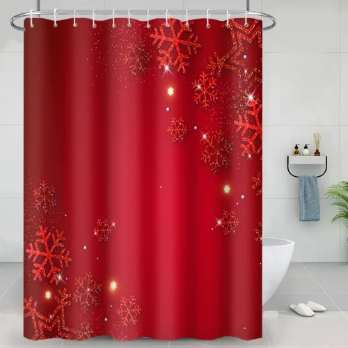 Cortinas de ducha de Feliz Navidad, 72 x 78 pulgadas, diseño de copos de nieve rojos elegantes, cortina de ducha de feliz año nuevo para festival de
