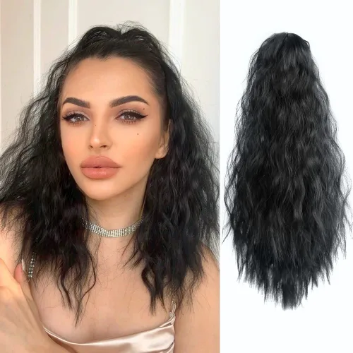 Miniatura 10 de Extensión de cola de caballo ondulada y rizada de 20 pulgadas de largo, peluca sintética de cola de caballo falsa con clip, extensiones de cabello