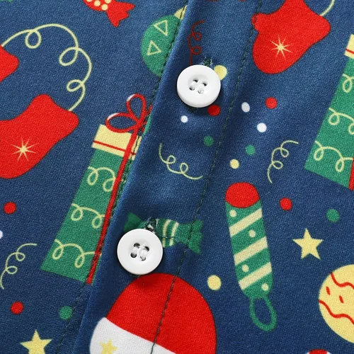 Miniatura 5 de JEELLIGULAR Conjunto de pantalones cortos y camisa con botones y estampado de Papá Noel para niños pequeños