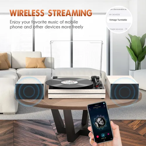Miniatura 6 de Tocadiscos para vinilos con altavoces externos, transmisión por correa, tocadiscos retro para discos de vinilo, altavoces estéreo duales, Madera