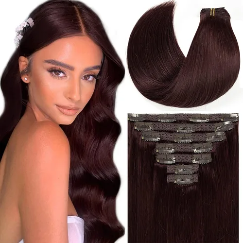 Miniatura 52 de Loxxy Extensiones de cabello humano con clip, sin costuras, 22 pulgadas, color marrón oscuro a castaño oscuro y marrón oscuro, 7 piezas