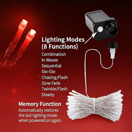 Miniatura 5 de Etinga Guirnalda de 100 luces LED rojas de 33 pies, luces de hadas enchufables con 8 modos de iluminación, luces decorativas impermeables