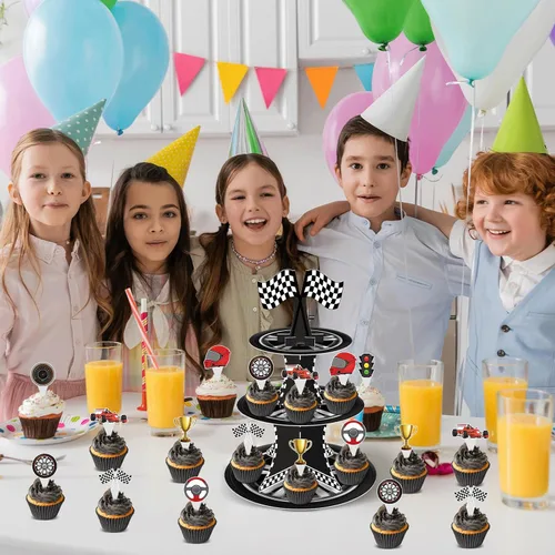 Miniatura 6 de Soporte para cupcakes de auto de carreras de 3 niveles con 24 adornos para tartas, decoraciones de fiesta de cumpleaños, temática de autos