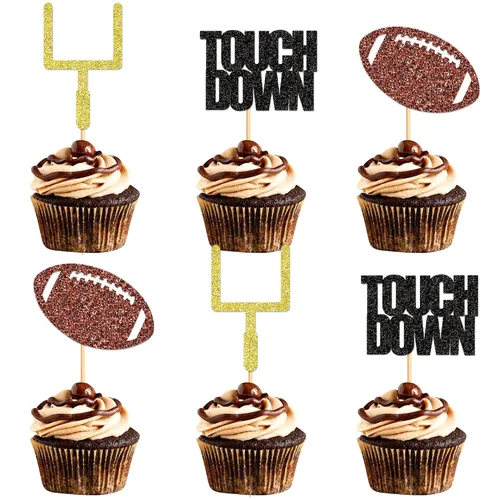Miniatura 10 de Ercadio Paquete de 24 adornos para cupcakes de fútbol americano Oh Baby - Púas de rugby con purpurina negra para temática deportiva, baby shower