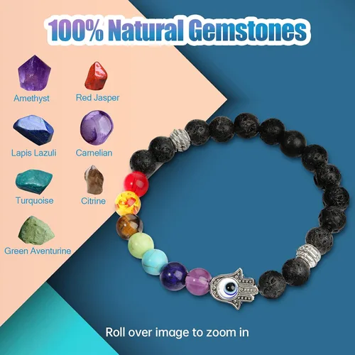 Miniatura 3 de 2 pulseras de mal de ojo, pulsera de mano de Fátima, pulsera de 7 chakras, pulsera elástica de cuentas contra el mal de ojo, pulsera de piedras