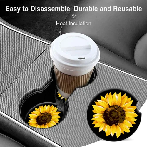 Miniatura 6 de Portavasos para automóvil, elegantes posavasos de cerámica con estampado de girasol, inserto antideslizante con agarre para la punta del dedo