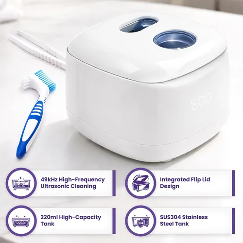 Miniatura 3 de Limpiador ultrasónico de retenedores – Limpiador de dentaduras postizas de 49 kHz para protectores bucales, retenedores, alineadores, joyas