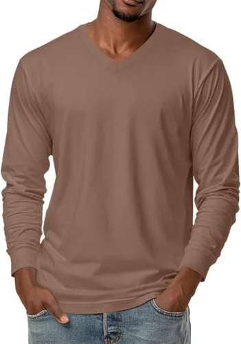 Miniatura 16 de Camiseta para hombre, manga larga, cuello en V, color liso, informal, básica, suave, elástica, M-3XL