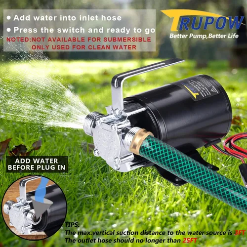 Miniatura 6 de Trupow DC 12-Volt 1/10HP 330GPH, alimentada por batería, mini bomba de agua de transferencia de sumidero eléctrico portátil con kit de manguera