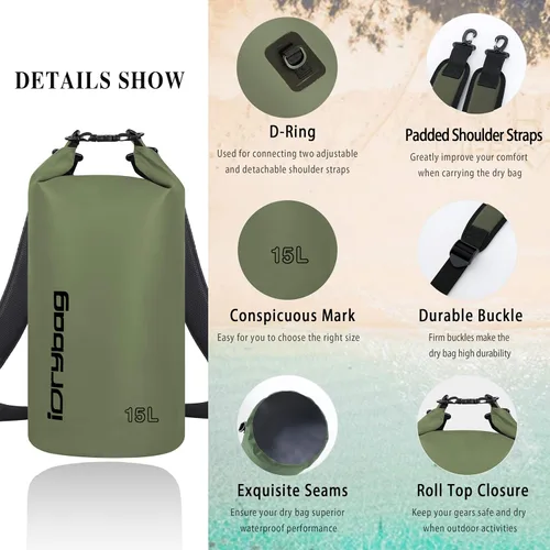 Miniatura 2 de IDRYBAG Bolsa seca para kayak impermeable 2L/5L/10L/15L/20L, pequeña bolsa impermeable para navegación Verde militar