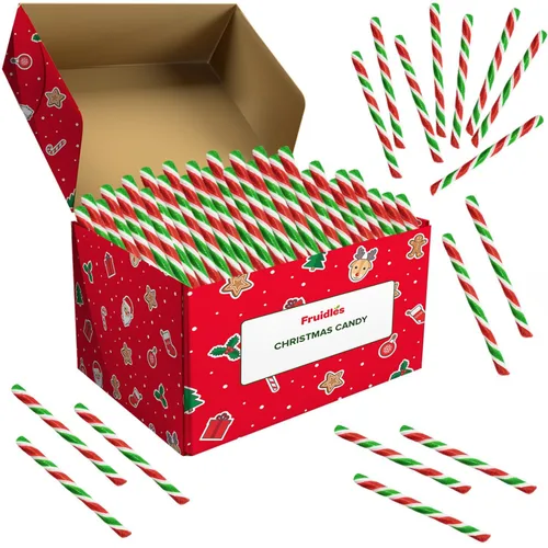 Bastón de caramelo navideño, paquete de 144 unidades rojo, blanco y verde de sabor a fruta mixta, envuelto individualmente, 5.5" (12g) por bastón