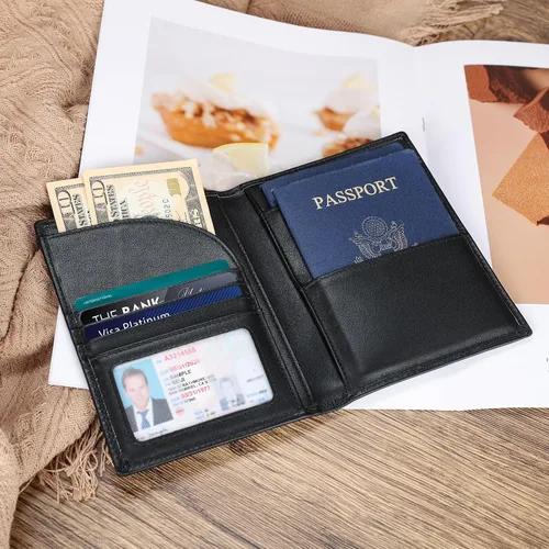Miniatura 3 de Polare - Soporte para pasaporte de cuero de grano completo con bloqueo RFID, billetera plegable para viajes, 2 pasaportes, Negro -, Slim