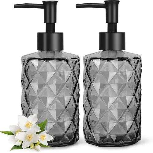 Topsky Paquete de 2 dispensadores de jabón de vidrio con bomba de plástico negro, dispensador de jabón líquido de manos de 11.2 fl oz, bomba a