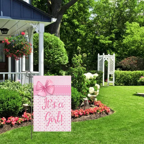 Miniatura 8 de Bandera de jardín con texto en inglés "It's A Girl" ("It's A Girl"), decoración de anuncio de nacimiento para niña, 12 x 18 pulgadas, doble cara