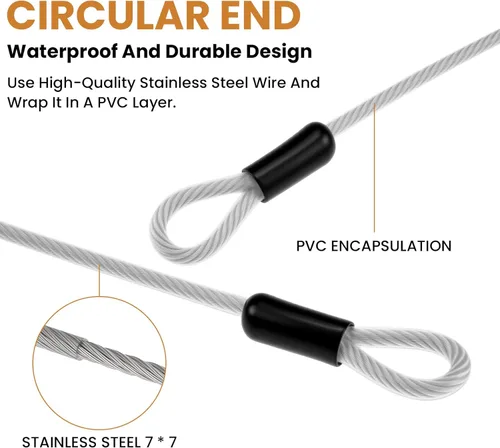 Miniatura 7 de 10FT 5mm Stainless Steel Security Cable with Hooks, Steel Coated Braided Double Loop Flexible Wire Rope for Bicycles, Luggage, Gates & Outdoor