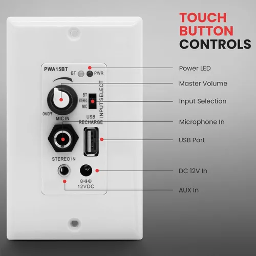 Miniatura 4 de Pyle Receptor BT Inalámbrico de Pared – Receptor de Control de Audio de 100W para Pared con Amplificador Integrado, Entradas USB/Micrófono/Aux