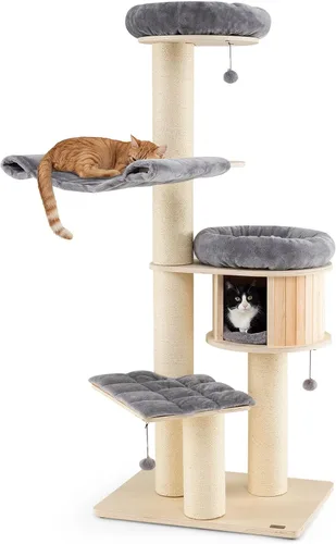 Miniatura 9 de Tangkula Árbol moderno para gatos, torre grande de varios niveles con condominio, hamacas y cesta colgante, árbol alto para gatos con postes