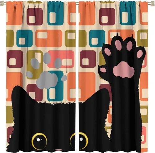 Miniatura 12 de Cortinas de estilo de mediados de siglo, diseño geométrico abstracto moderno, diseño retro, estampado de gato negro, para dormitorio, sala de estar