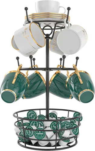 Soporte giratorio para tazas de café de 360°, soporte de metal de 3 niveles para taza de árbol para encimera con 10 ganchos, soporte para cápsulas