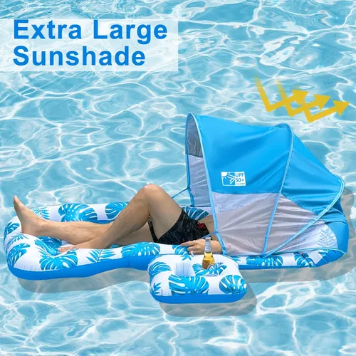 Miniatura 2 de COOLCOOLDEE Flotador inflable para piscina con toldo de sombrilla UPF 50+, flotador extra grande para adultos con reposacabezas, portavasos