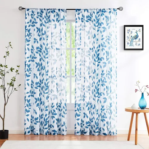 Miniatura 31 de Treatmentex Cortinas blancas y grises para dormitorio de 84 pulgadas de largo, cortinas semitransparentes con estampado de hojas para ventanas