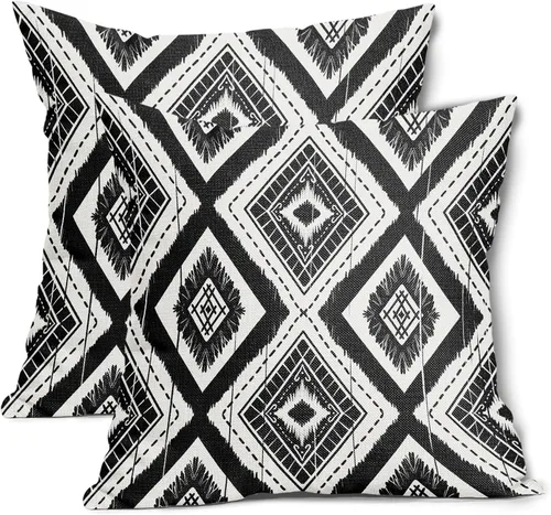 Miniatura 10 de Juego de 2 fundas de almohada geométricas de color naranja quemado de 18 x 18 pulgadas con diamantes Ikat de color marfil óxido, estilo bohemio