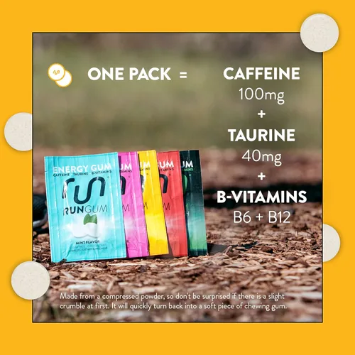 Miniatura 5 de Run Gum Goma de mascar Energy & Focus con sabor a fruta, 50 mg de cafeína por pieza, sin azúcar con taurina y vitaminas B, goma de mascar de acción