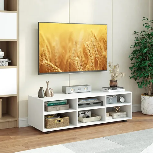 Miniatura 2 de Tangkula Soporte de TV con 6 compartimentos para televisores de hasta 55 pulgadas, centro de entretenimiento de madera blanca con 6 cubos