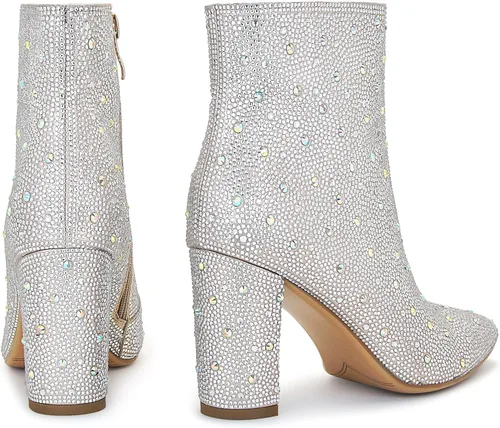 Miniatura 4 de SOVANYOU Botas de diamantes de imitación brillantes para mujer, botines de tacón alto grueso con cremallera lateral